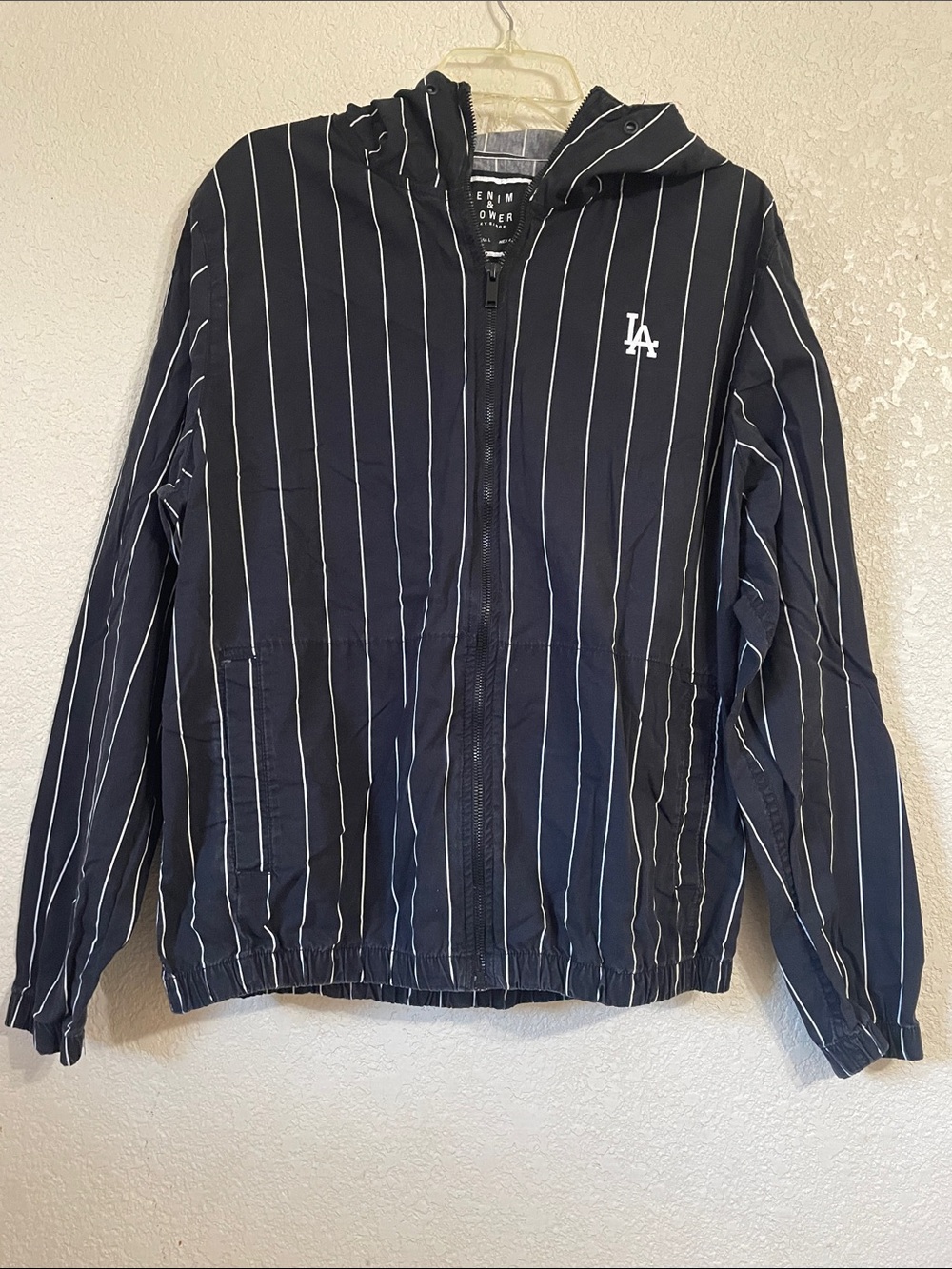 LA Pinstripe Hooded Zip Jacket By Denim & Flower